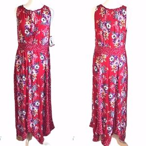 Red Floral Maxi Dress Tie Keyhole Neck Size XL